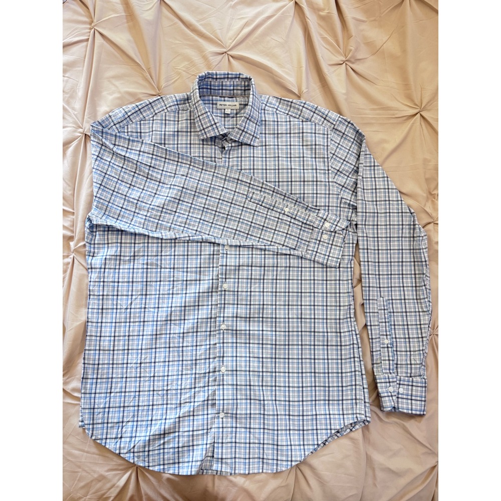 Peter Millar Mens Blue Plaid Performance Stretch Button Down Shirt Large L